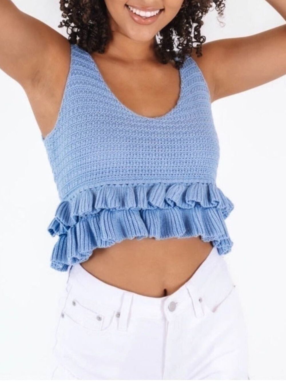 Mustard Seed Ruffle Hem Crochet Knit Sweater Tank in Sky Blue